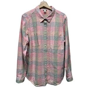 L.L. Bean Button Up Shirt Womens XL Pink Green Plaid Long Sleeve Textured Cotton